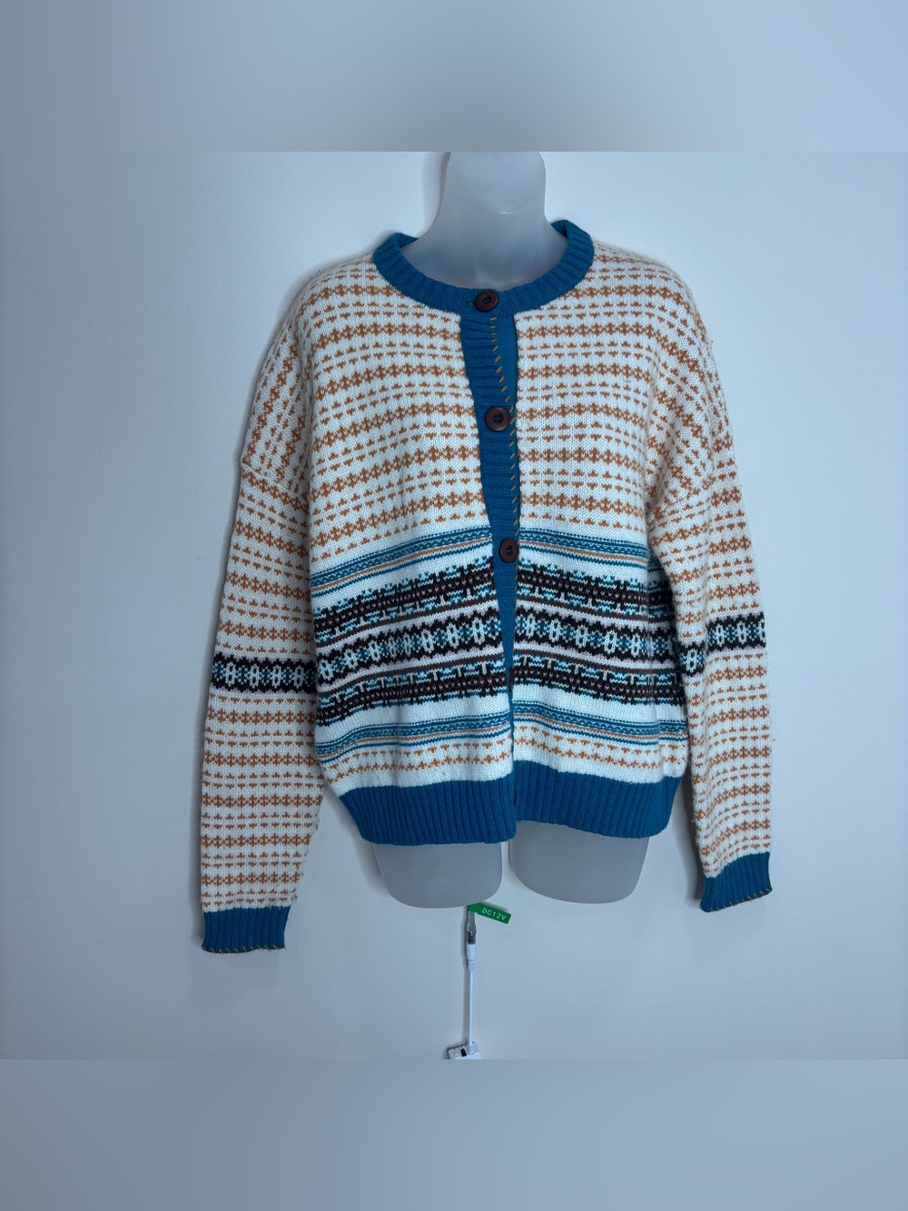 Sundance Catalog wool blend Ivory Fair isle Wallace Cardigan sweater blue medium